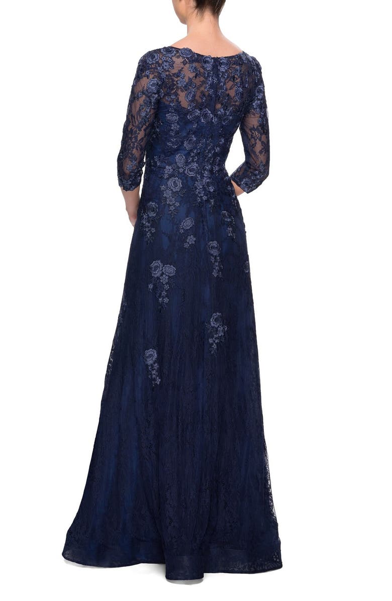 La Femme Three Quarter Sleeve A-line Dress with Lace and Beads, Alternate, color, Navy