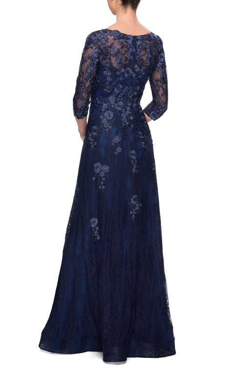 La Femme Three Quarter Sleeve A-line Dress With Lace And Beads In Navy