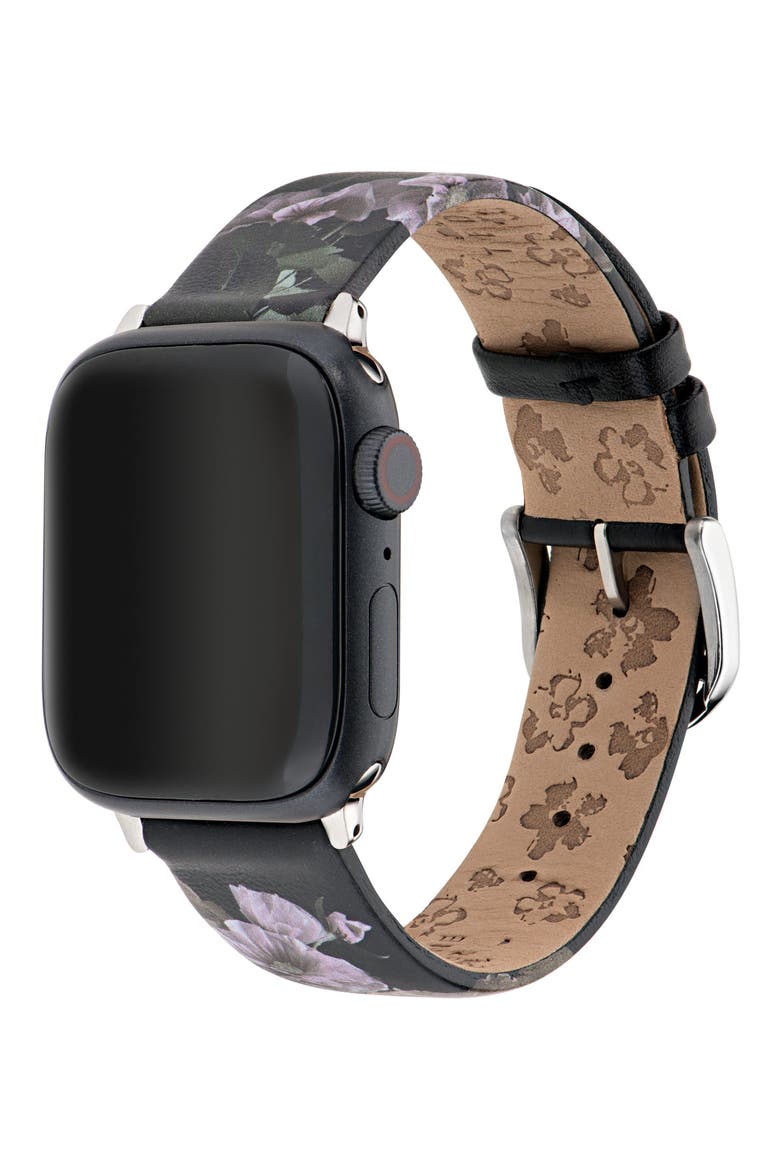 Floral Print Leather Apple Watch® Watchband, Alternate, color, BLACK
