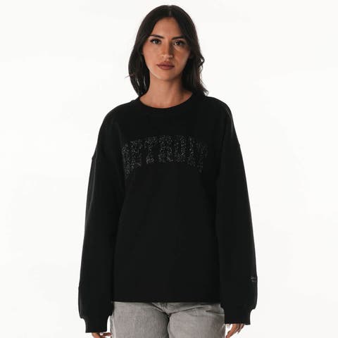 Women's The Wild Collective  Black Detroit Lions Rock Crystal Oversized Crewneck Sweatshirt