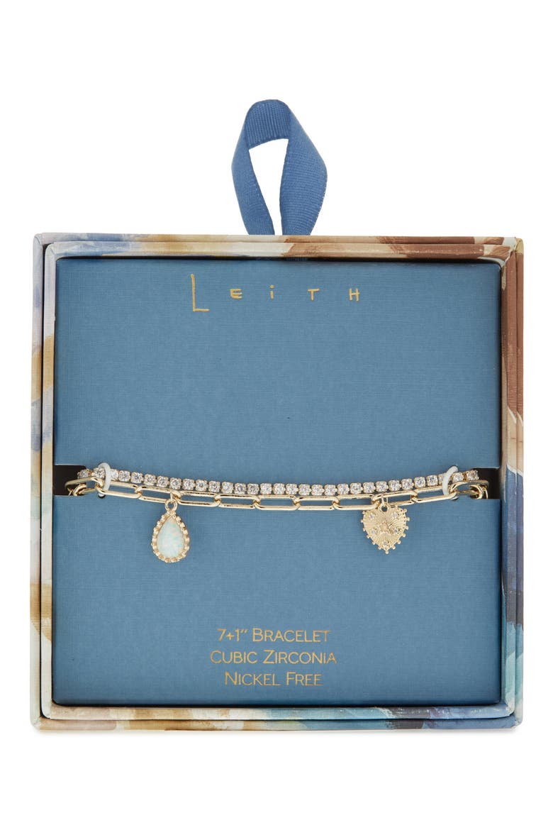Set of 2 Opal Charm & Cubic Zirconia Tennis Bracelets, Main, color, CLEAR- WHITE- GOLD