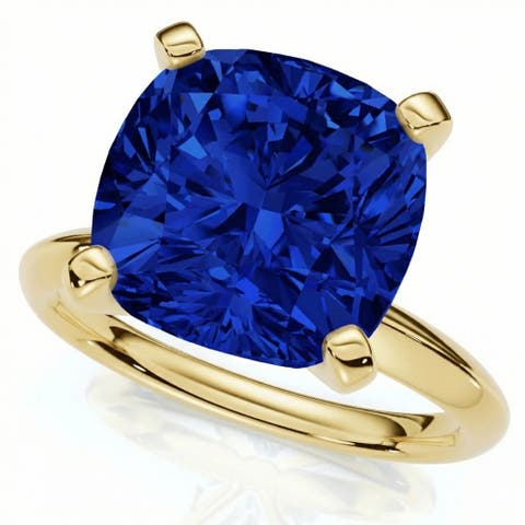 5Ct Cushion Blue Sapphire Solitaire Ring 14k Gold Lab Grown 10MM