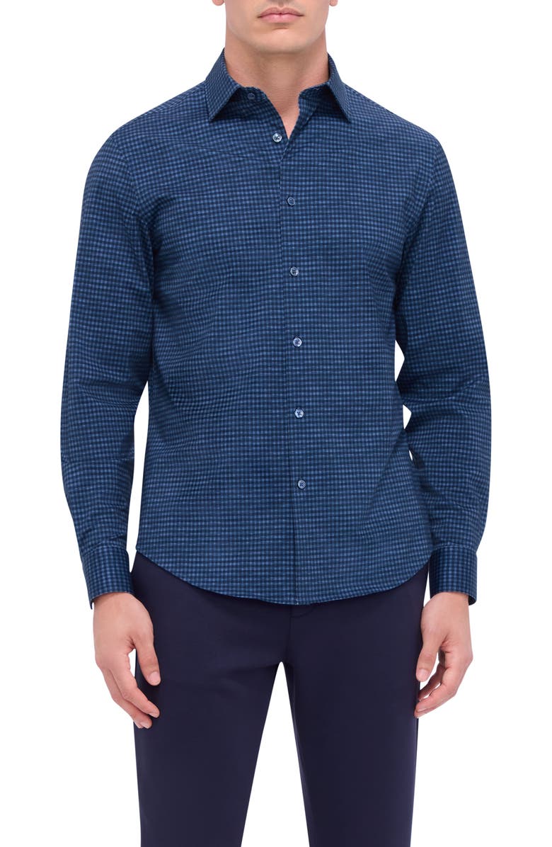Bugatchi James OoohCotton<sup>®</sup> Microcheck Button-Up Shirt, Main, color, Navy
