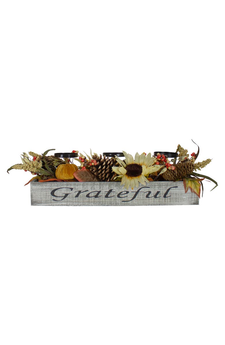 Northlight Autumn Sunflower "Grateful" Triple Candle Holder Centerpiece - 30", Main, color, Orange