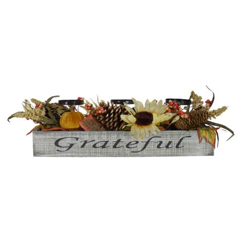 Autumn Sunflower "Grateful" Triple Candle Holder Centerpiece - 30"
