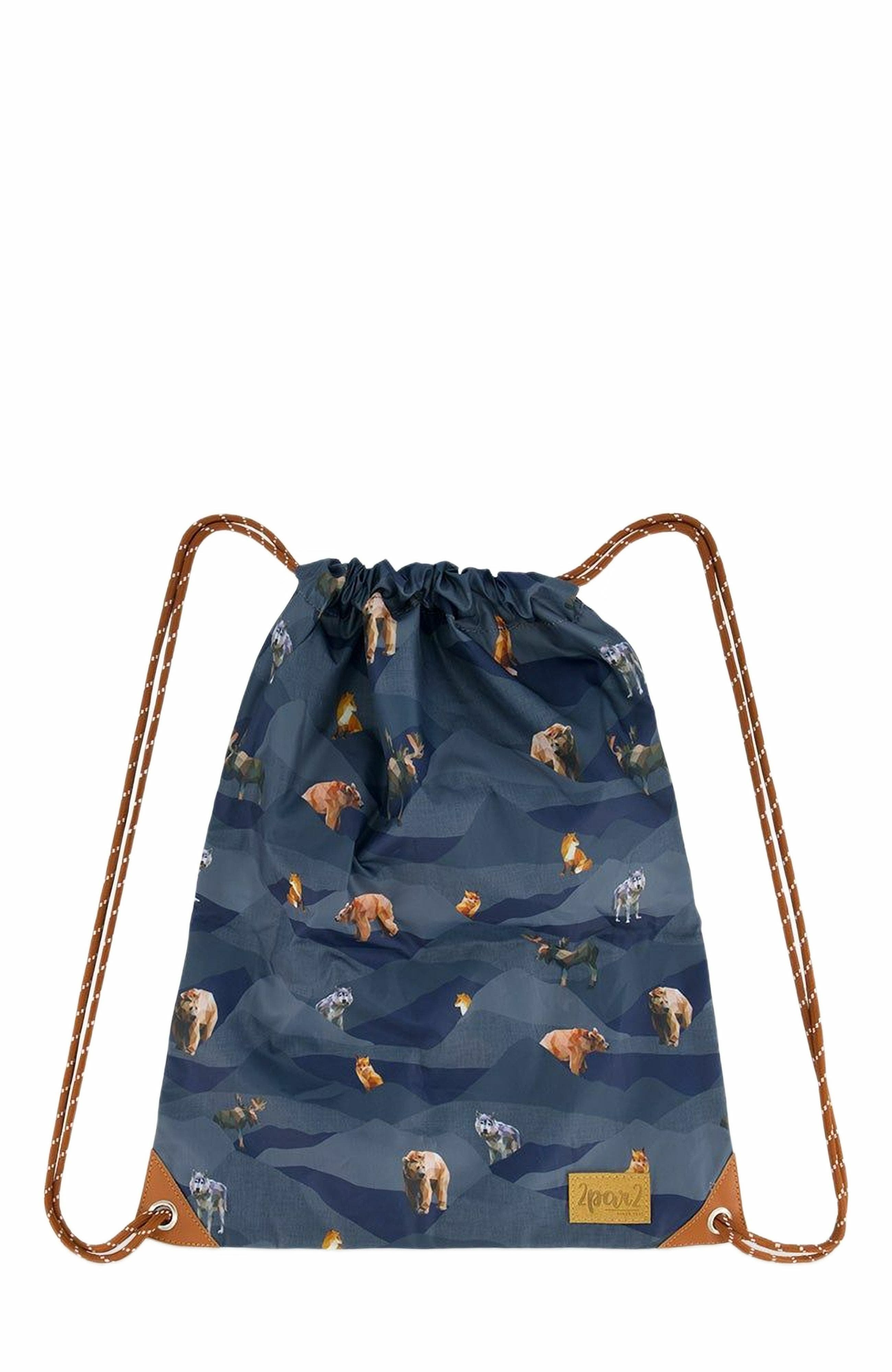 Deux par Deux Boy's Drawstring Bag Navy Printed Mountains Animals, Main, color, 