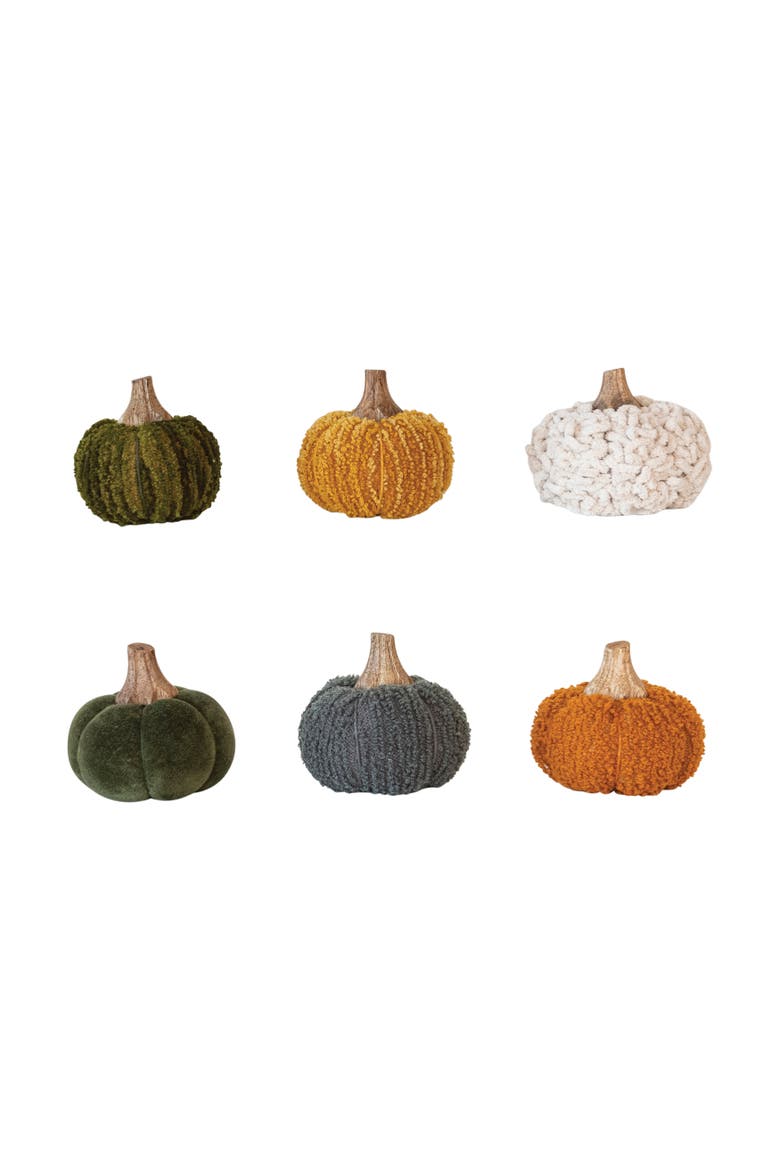 Small Bouclé Velvet Pumpkin Holiday Decor with Wood Stem, Set of 6, Main, color, Orange
