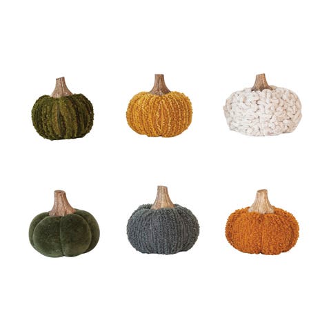 Small Bouclé Velvet Pumpkin Holiday Decor with Wood Stem, Set of 6