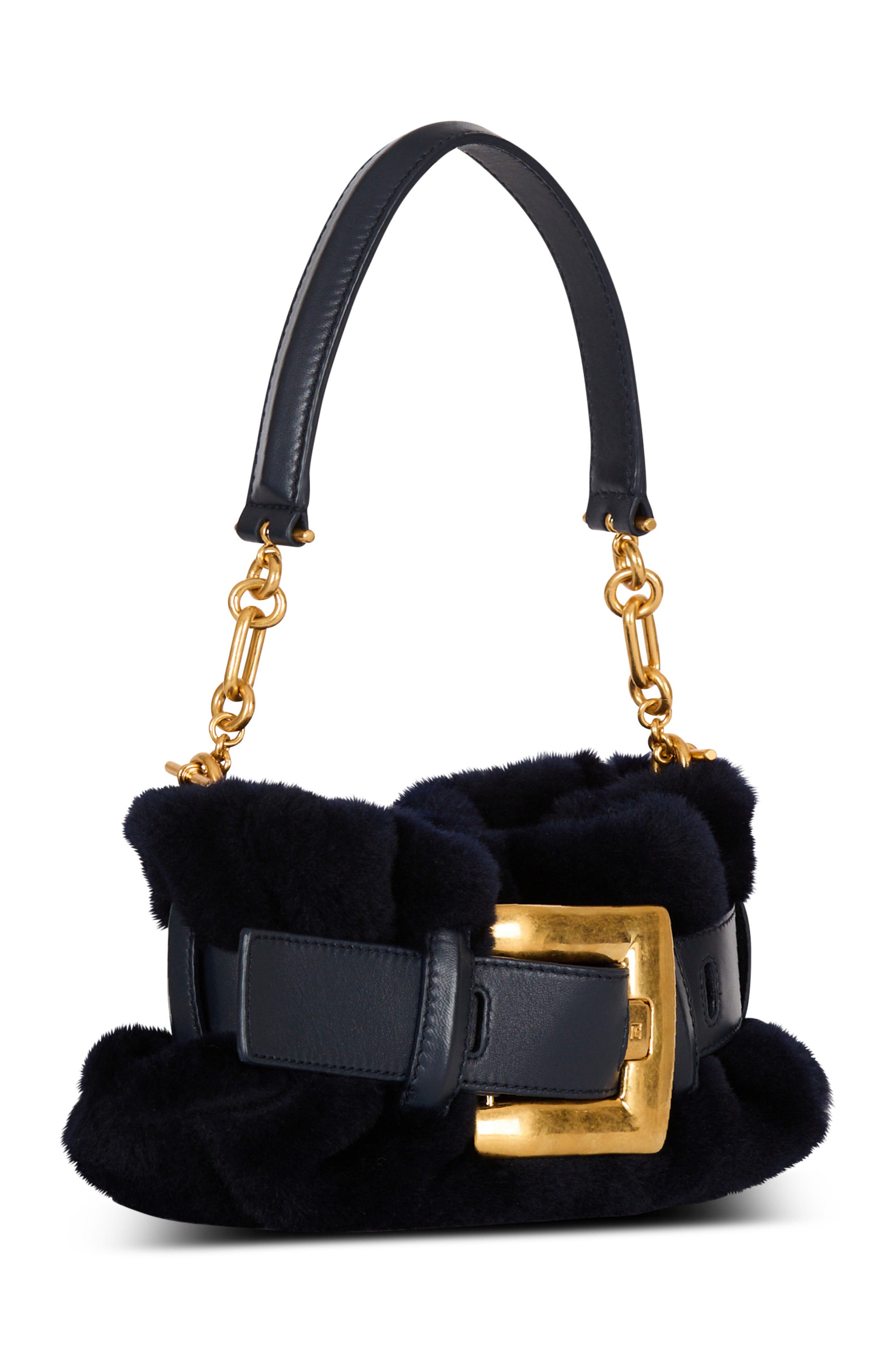 Balmain Mini Anthem Bag In Shearling, Alternate, color, Navy