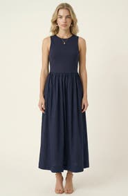 Modenaire Sleeveless Crewneck Midi Dress with Gathered Waist and Pockets