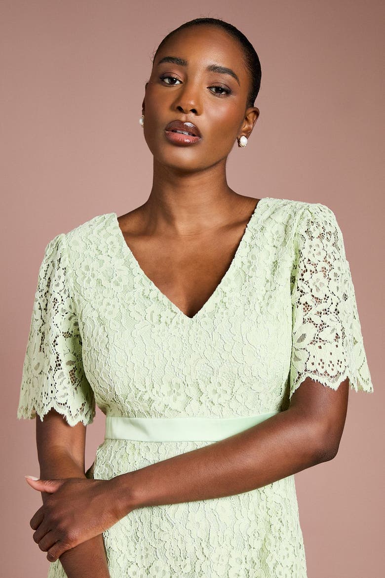 Scallop Hem V-Neck Lace Midi Dress, Alternate, color, Sage