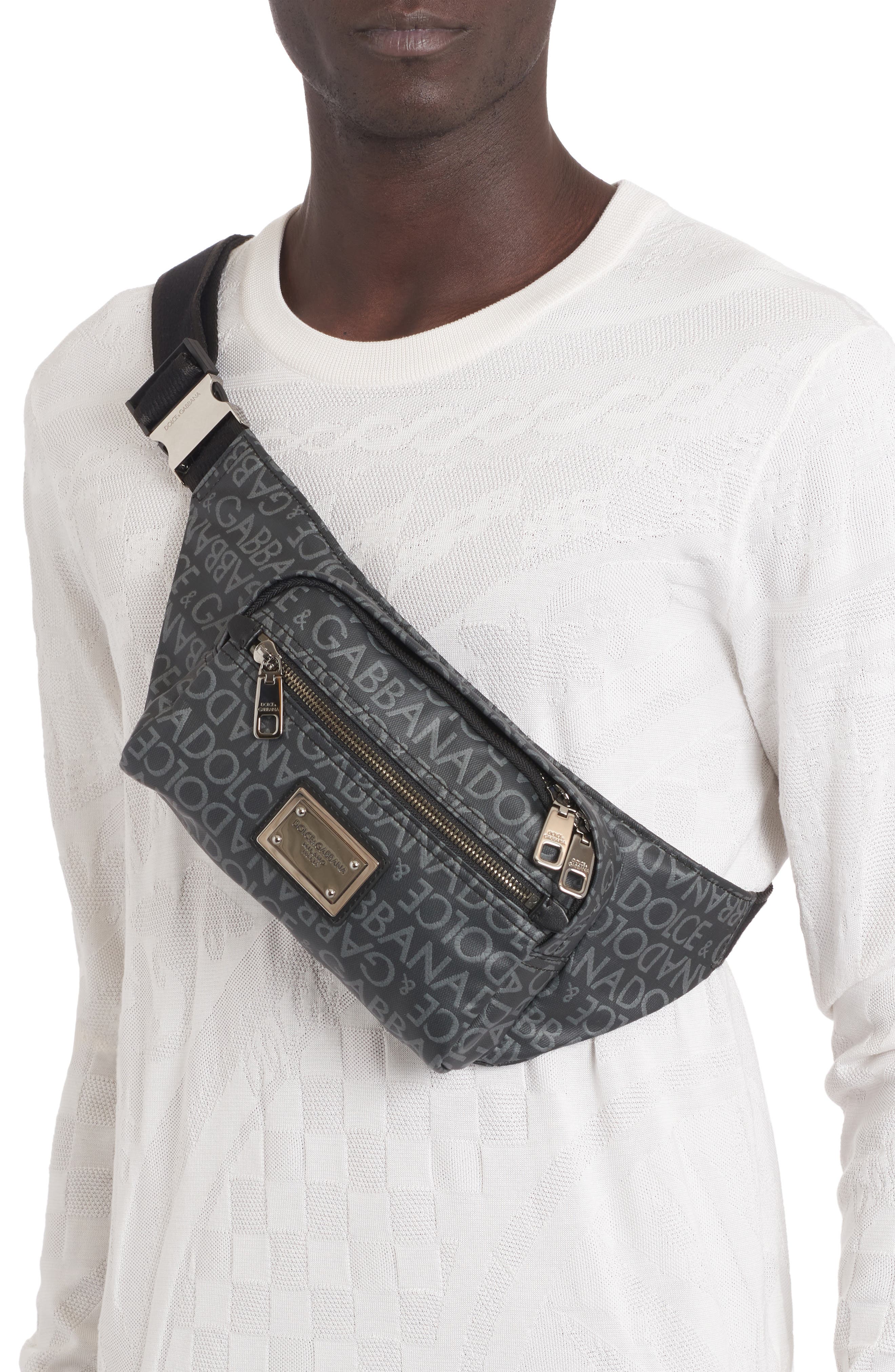 Dolce&Gabbana Logo Print Canvas Belt Bag, Alternate, color, Black/ Grey