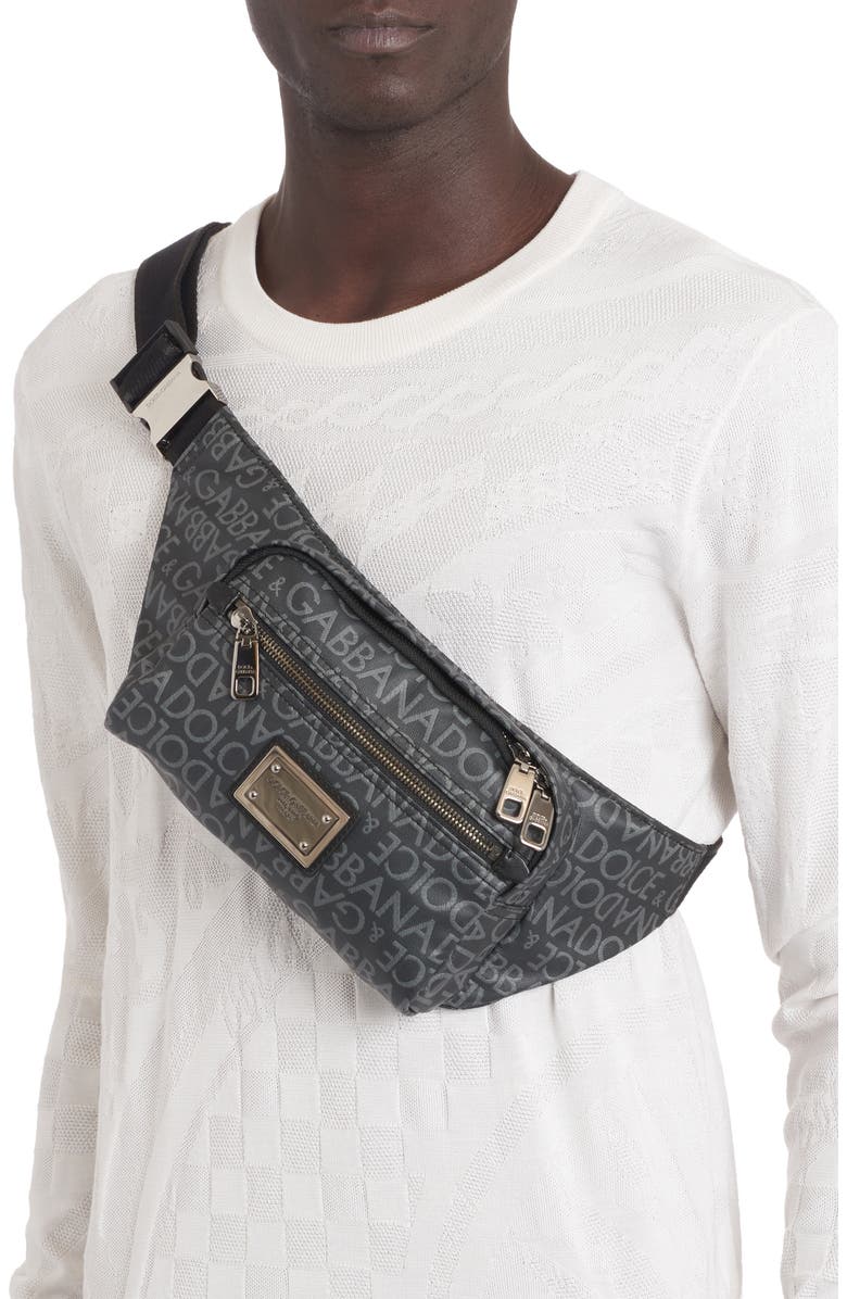 Dolce&Gabbana Logo Print Canvas Belt Bag, Alternate, color, Black/ Grey
