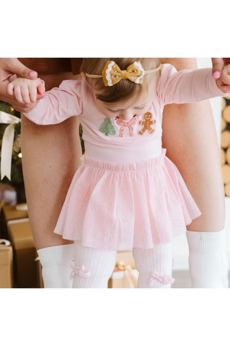 Gingerbread Embroidered Christmas Long Sleeve Tutu Bodysuit, Alternate, color, Pink