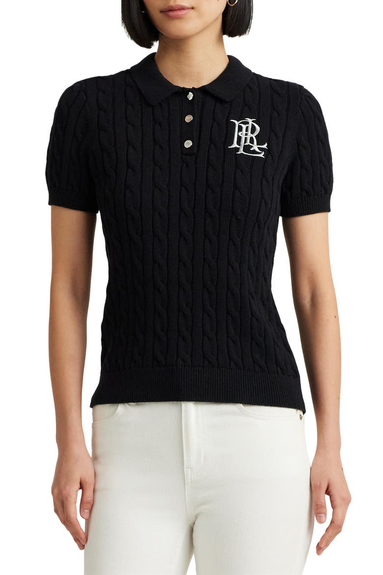 Cable Knit Cotton Polo Sweater, Main, color, BLACK