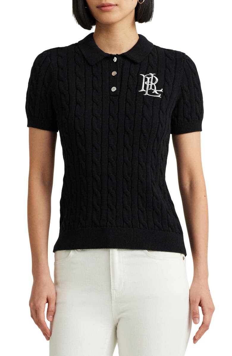 Lauren Ralph Lauren Cable Knit Cotton Polo Sweater, Main, color, Black
