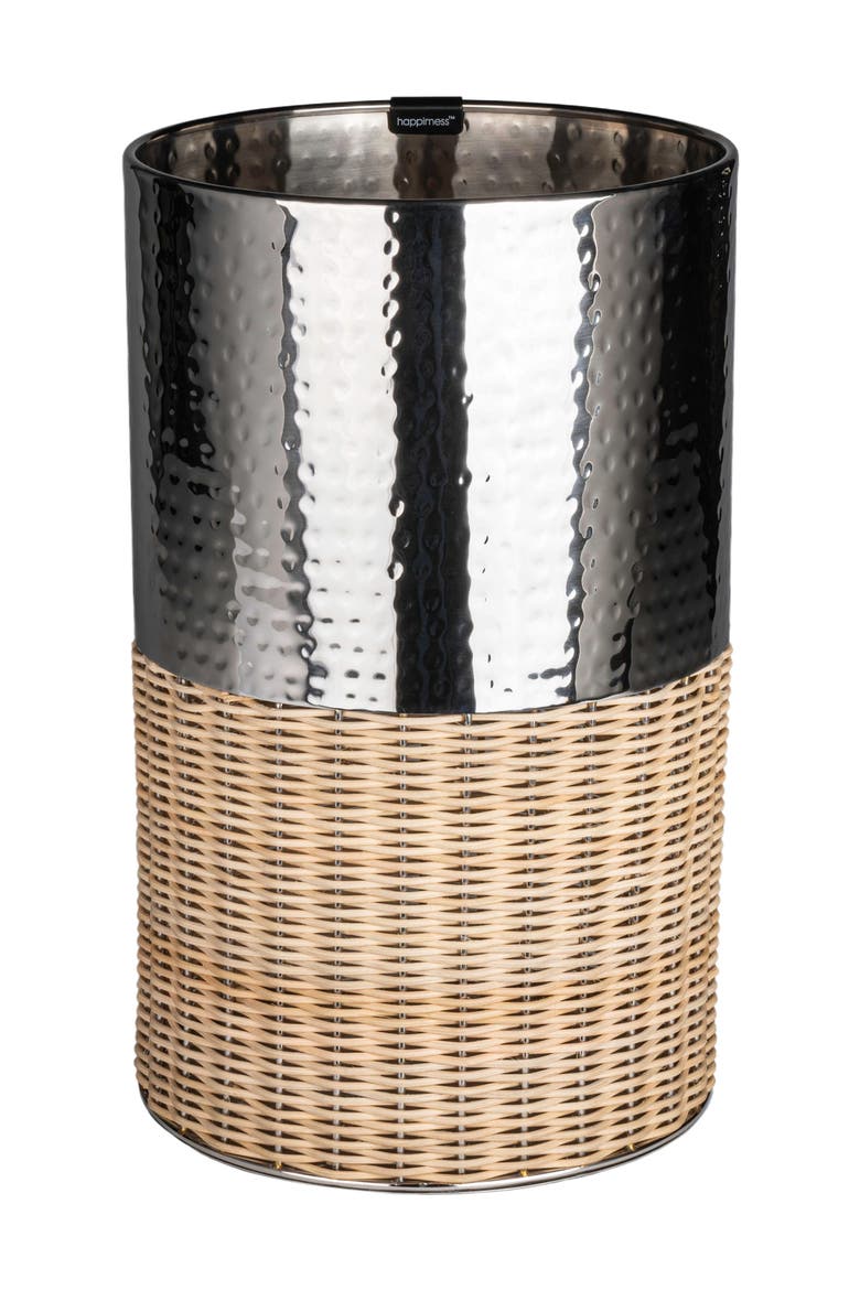 Asher Modern 2-Tone Faux Wicker/Metal Cylinder Waste Basket, Main, color, Chrome/Natural