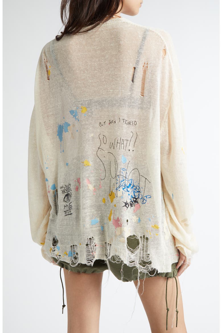 Distressed Oversize Scribble Print Boyfriend Cardigan, Alternate, color, CREAM PAINT SPLATTER SCRIBBLES