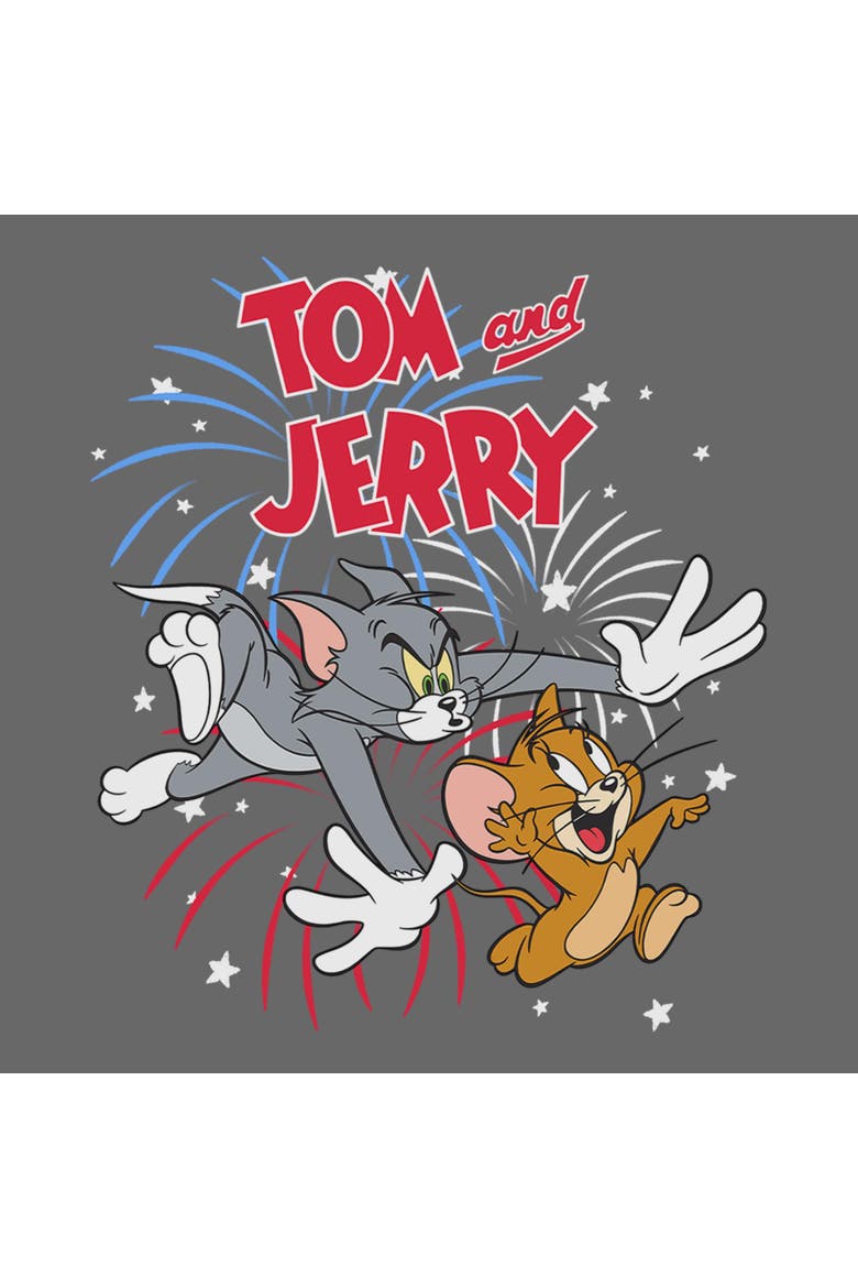 Juniors Tom and Jerry Fireworks Celebration Duo T Shirt, Alternate, color, Charcoal
