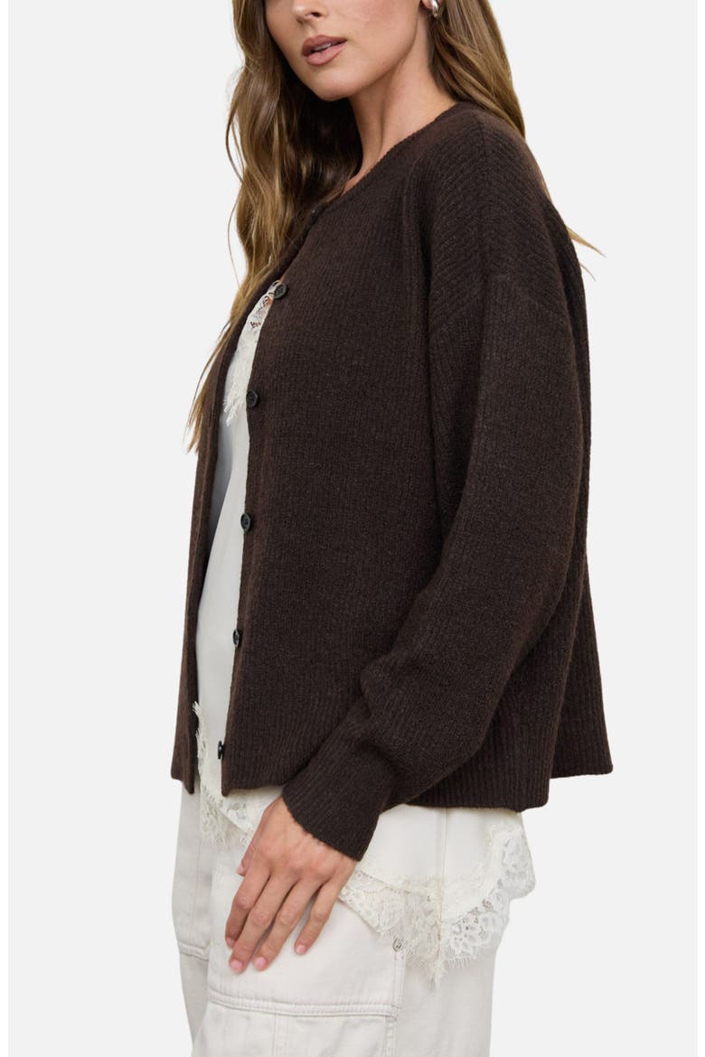Ribbed Crewneck Cardigan, Alternate, color, CHOCOLATE BROWN