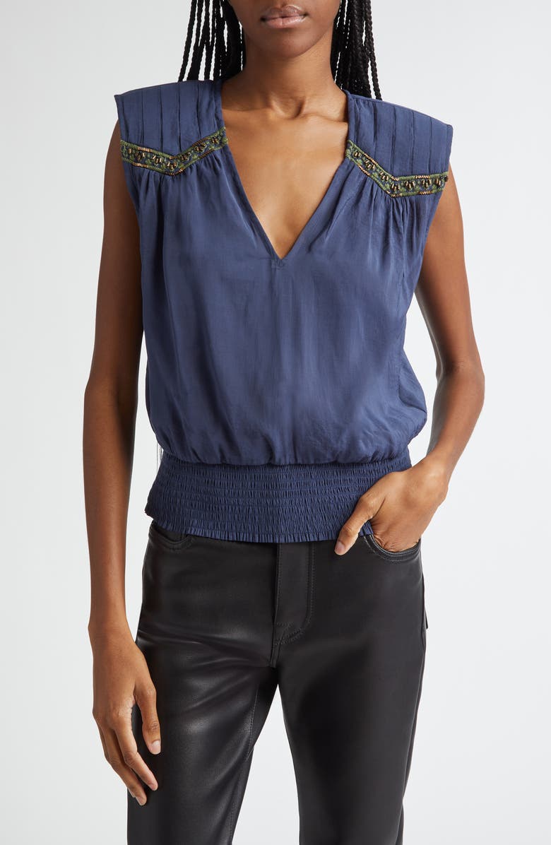 Ramy Brook Millegan Bead Detail Smock Waist Top, Main, color, Navy