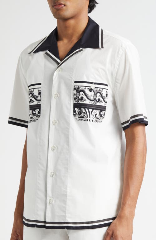 Dolce & Gabbana Short Sleeve Shirt With Contrast Collar And Graphic Print In White