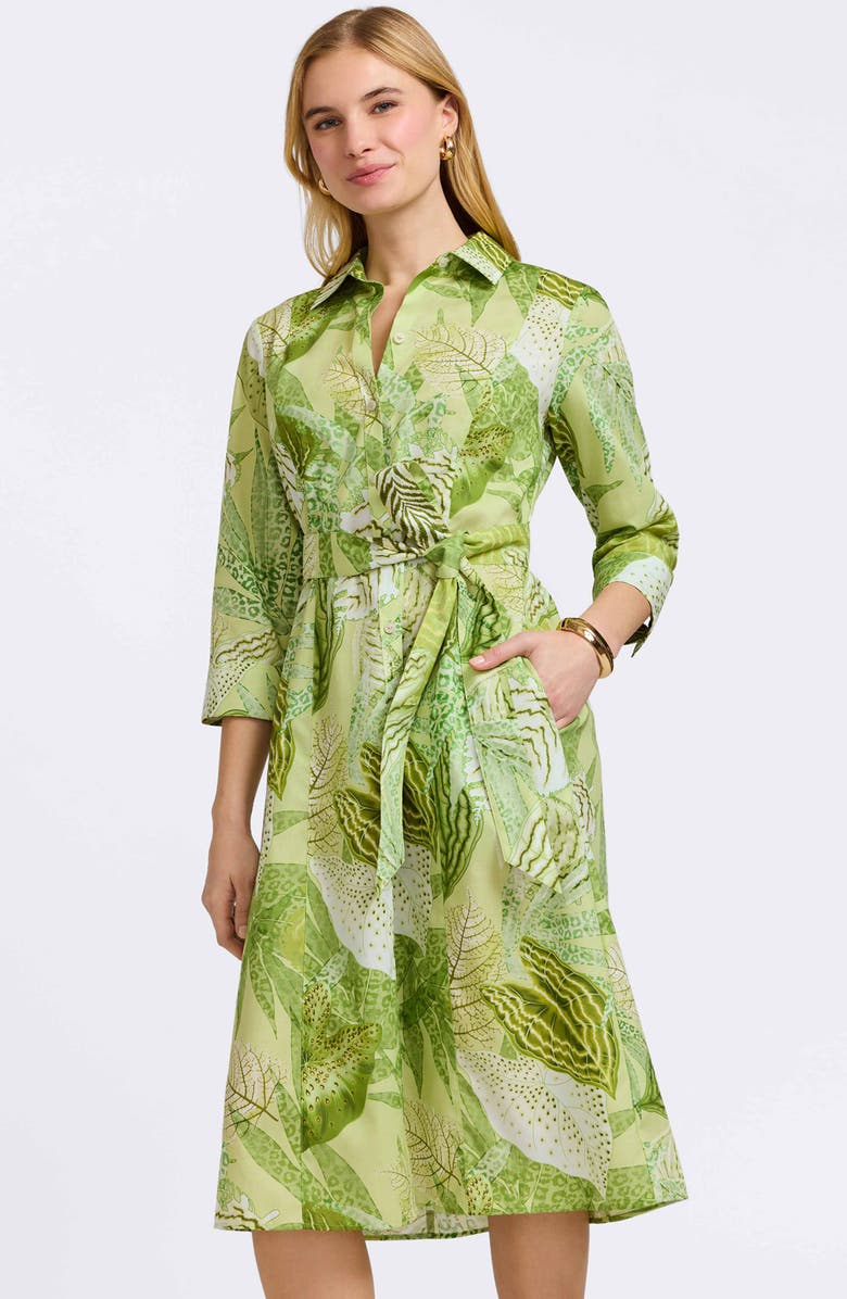 Foxcroft Fiona Botanical Print Belted Cotton Shirtdress, Alternate, color, Green Multi