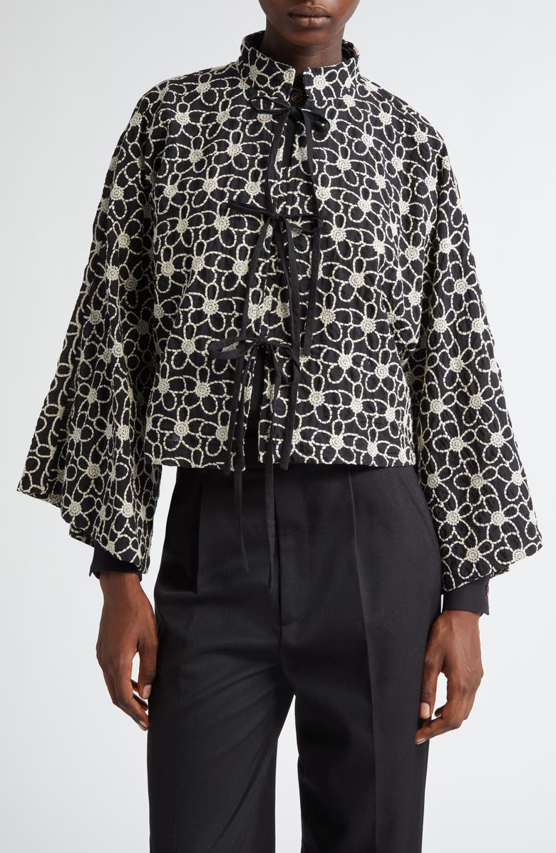 La Vie Style House Flower Embroidered Tie Front Crop Jacket, Main, color, 