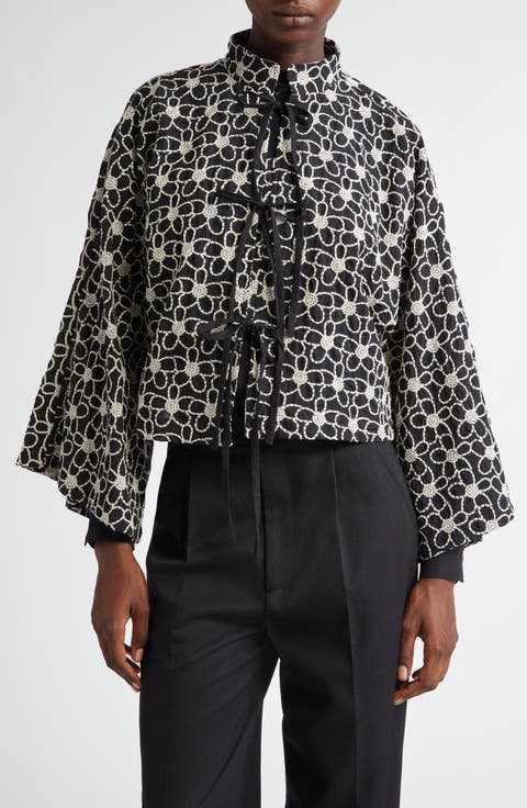 Flower Embroidered Tie Front Crop Jacket