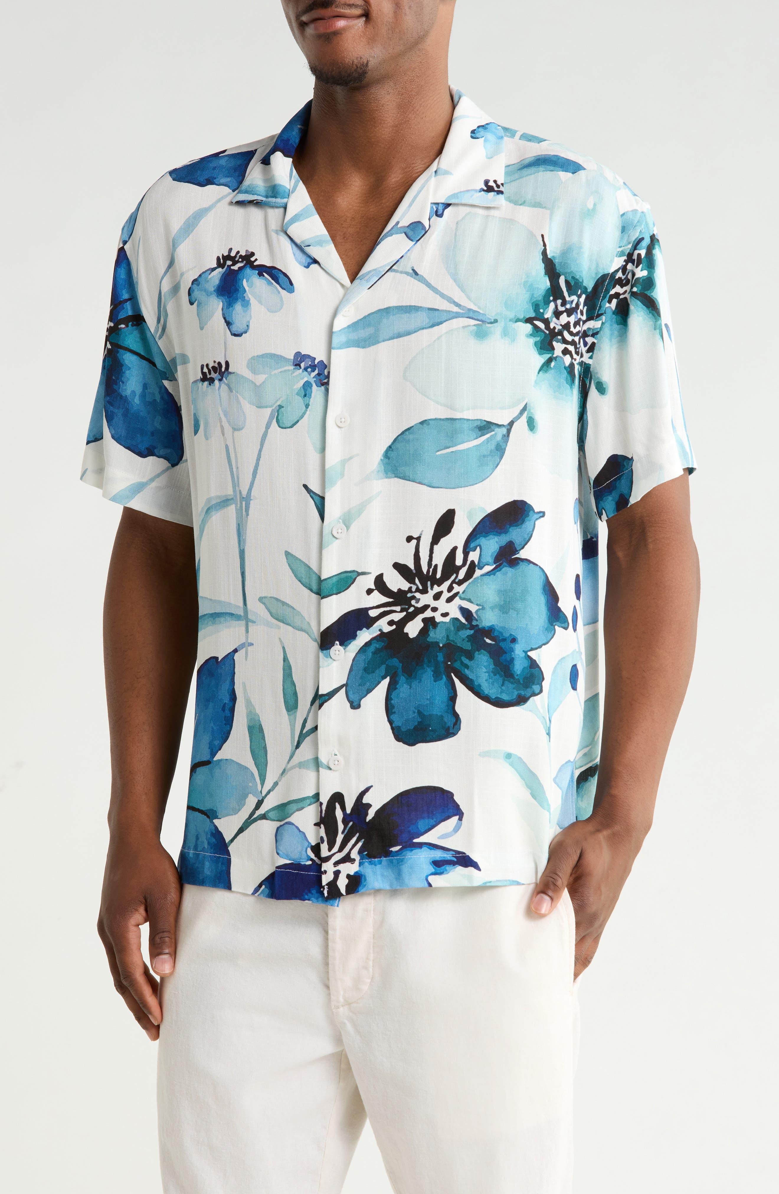 DENIM AND FLOWER Relaxed Fit Floral Print Camp Shirt
