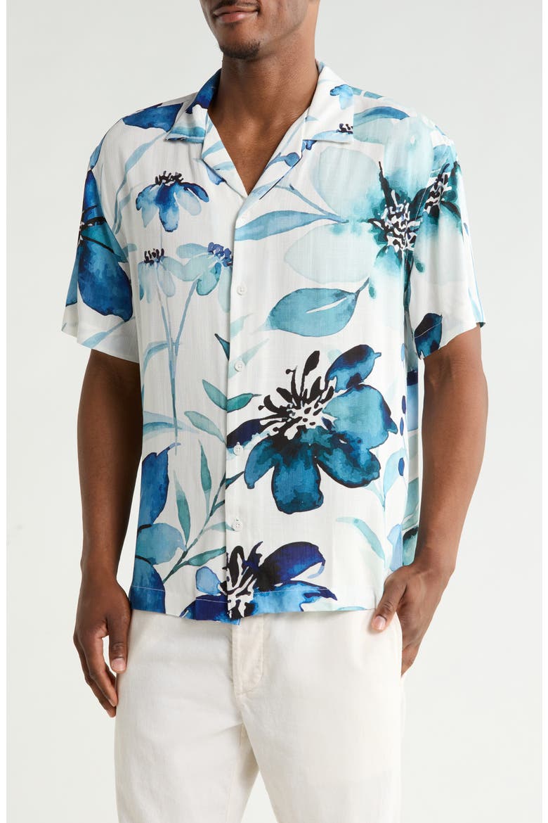 Relaxed Fit Floral Print Camp Shirt, Main, color, WHITE