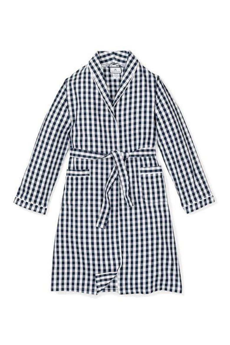 Men's Gingham Cotton Twill Robe, Alternate, color, NAVY