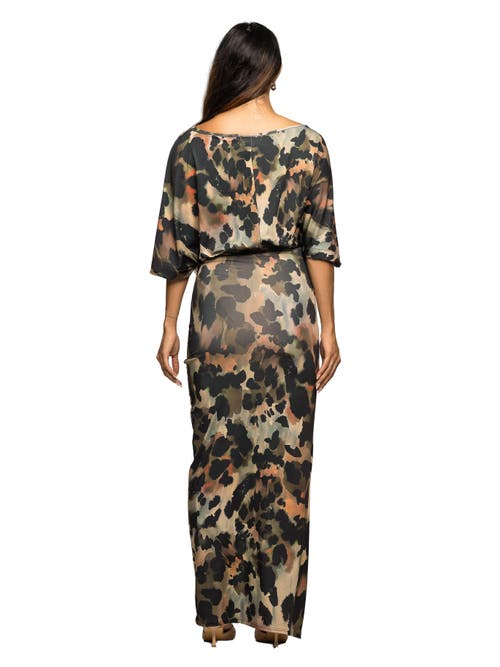 24seven Comfort Apparel Abstract Print Batwing Sleeve Maxi Dress With Slit In Multi
