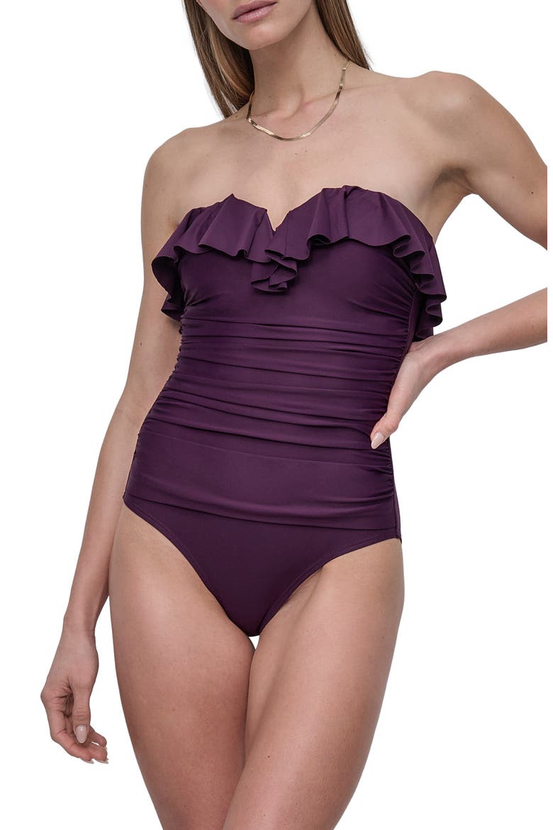 Ruffled Bandeau One-Piece Swimsuit, Main, color, PORT