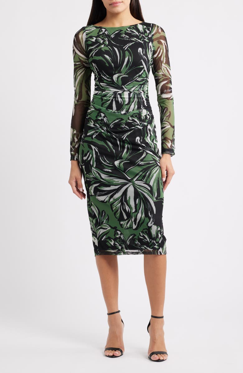 Vince Camuto Print Long Sleeve Mesh Body-Con Dress, Main, color, Green Black