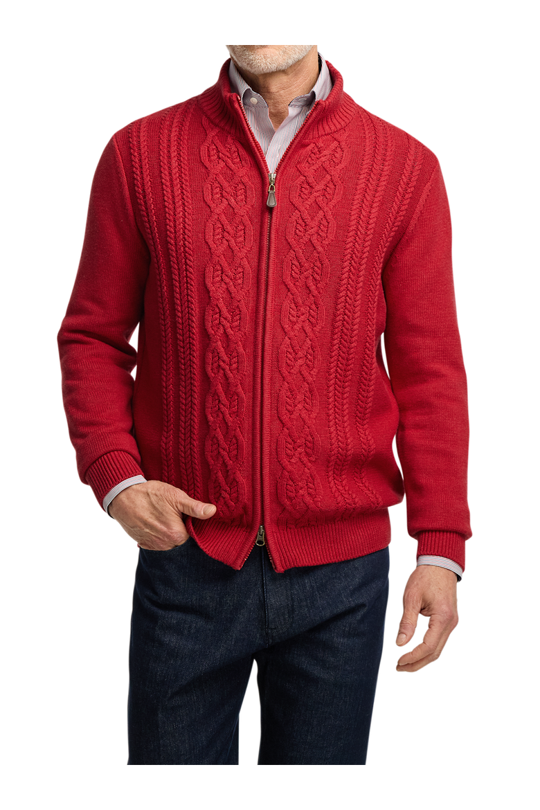 Cotton Cable Full Zip Mock Neck Sweater, Alternate, color, Red