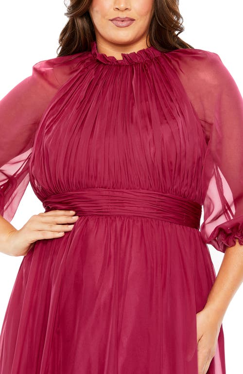 Mac Duggal High-neck Chiffon Dress With Puff Sleeves And Ruffle Tiered Skirt In Red