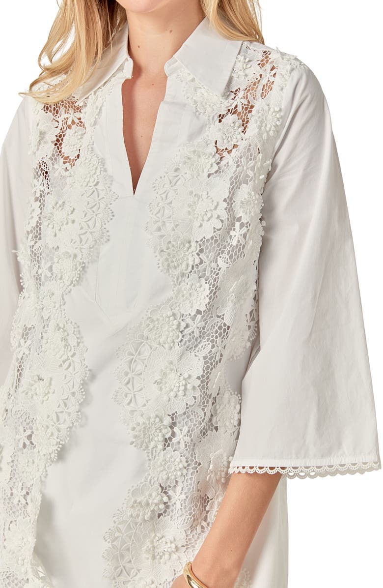 English Factory Lace Trim Mini Shirtdress, Alternate, color, White