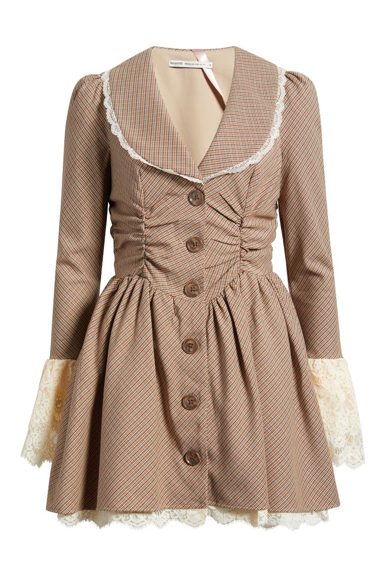 Sable Puppytooth Check Long Sleeve Lace Trim Minidress, Alternate, color, BROWN CHECK