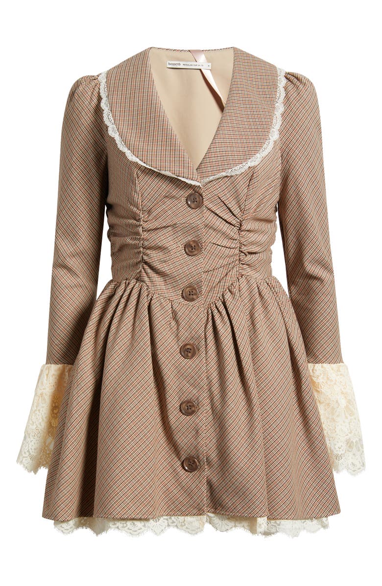 HOUSE OF CB Sable Puppytooth Check Long Sleeve Lace Trim Minidress, Alternate, color, Brown Check