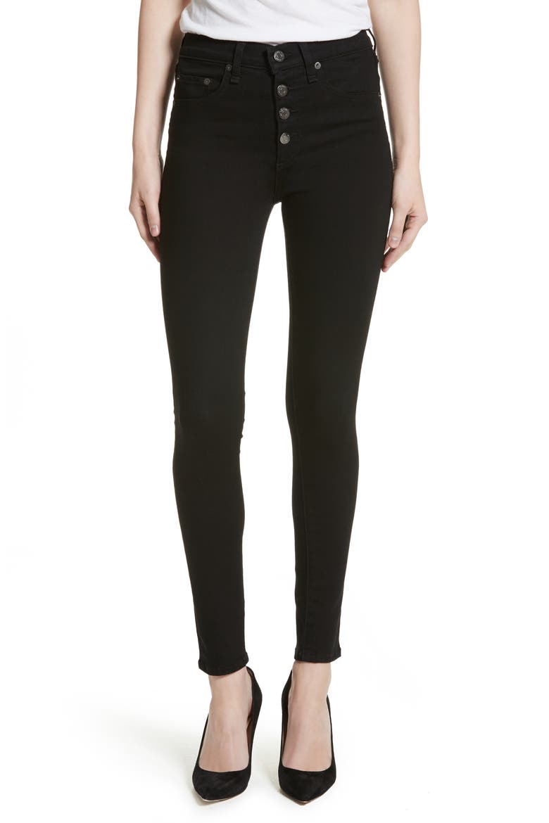 Debbie Exposed Fly Skinny Jeans, Main, color, RAVEN