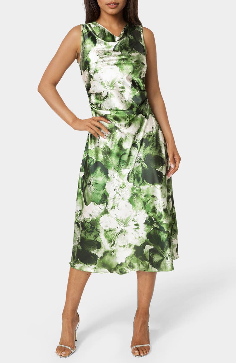 bebe Floral Cowl Neck Sleeveless Satin Midi Dress, Main, color, Olive / Multi