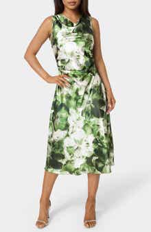 bebe Floral Cowl Neck Sleeveless Satin Midi Dress