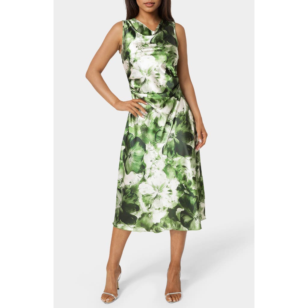 Bebe Floral Cowl Neck Sleeveless Satin Midi Dress In Olive/multi