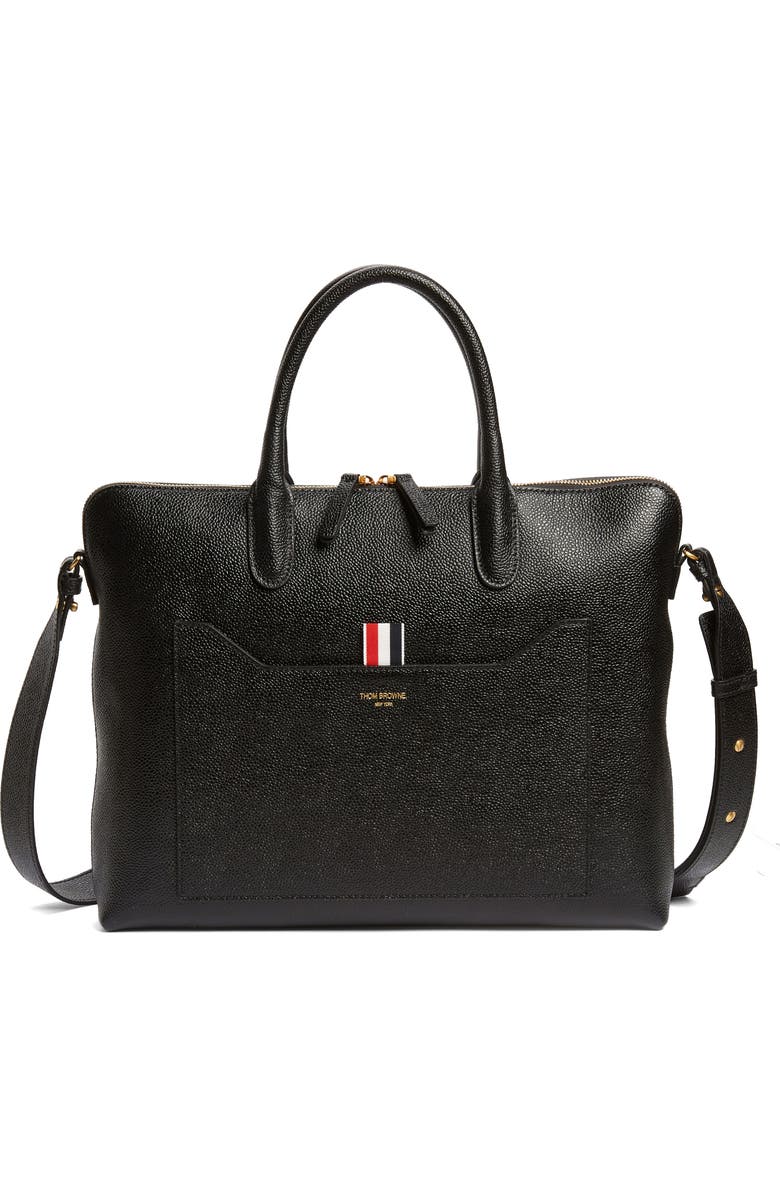 Thom Browne Slim Pebbled Leather Briefcase, Main, color, Black