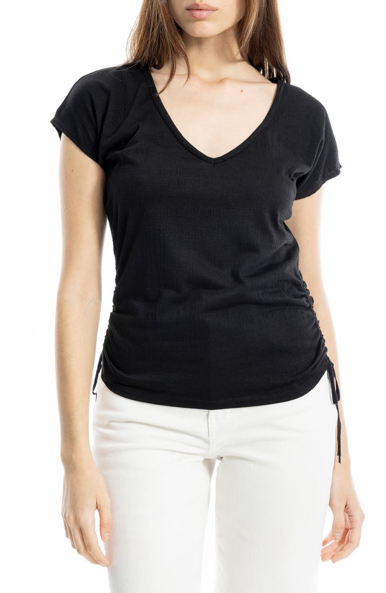 MAX STUDIO Cap Sleeve Ruched Crinkled Knit Top, Main, color, Black