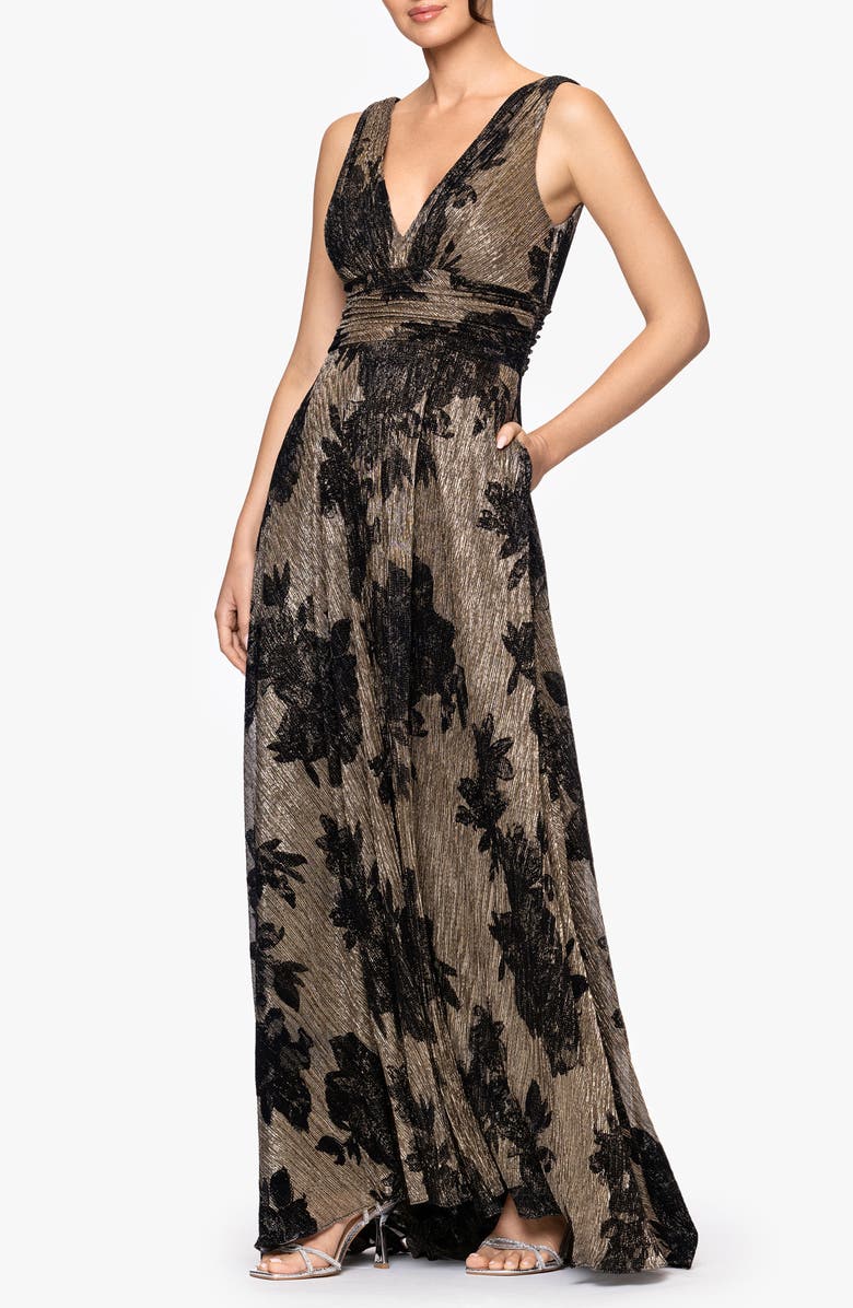 Betsy & Adam Flock Floral Metallic Crinkle Gown, Alternate, color, Black/ Gold