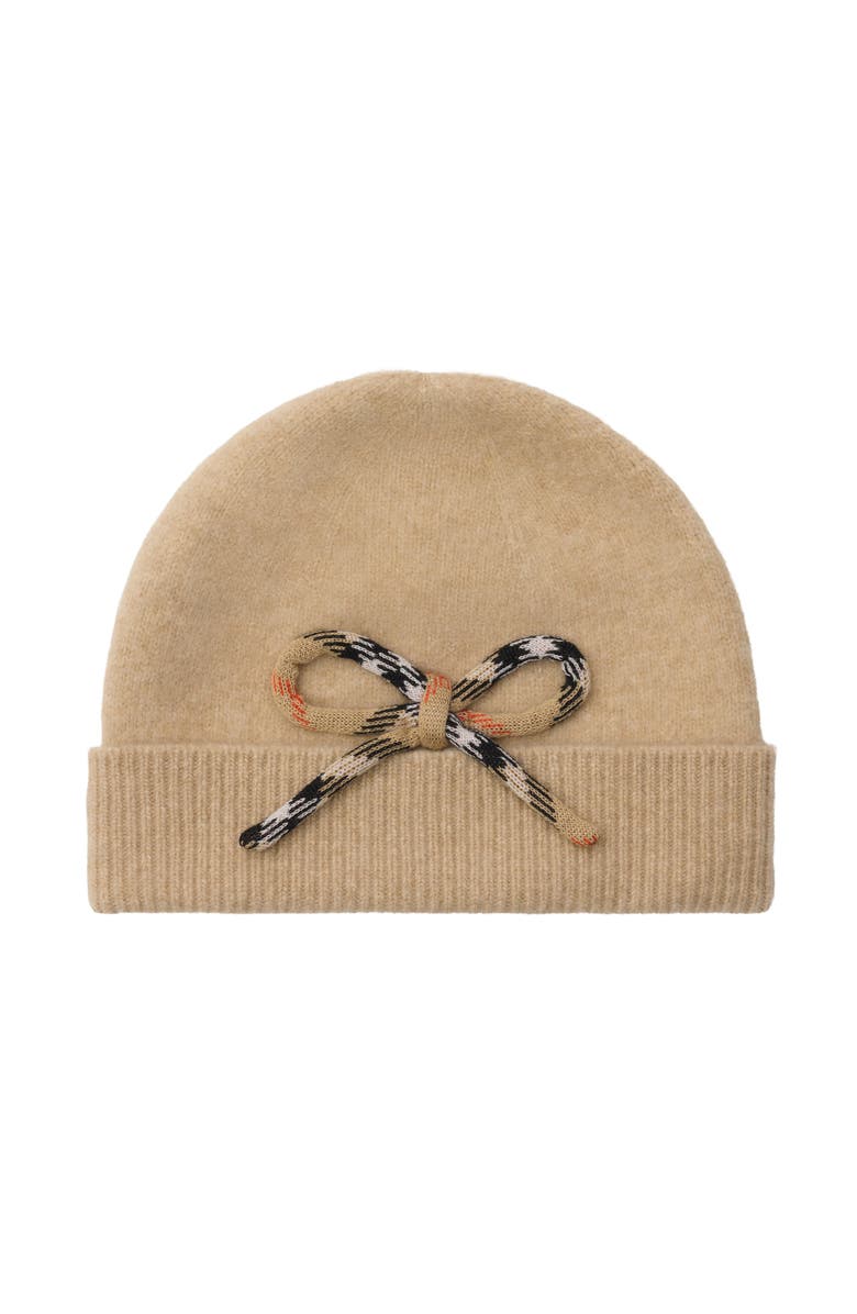 Burberry Check Bow Wool Cashmere Beanie, Main, color, Oatmeal Melange