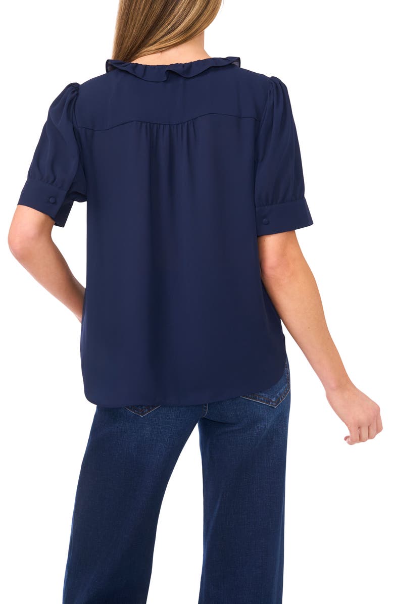 CeCe Ruffle Detail Short Sleeve Georgette Button-Up Shirt, Alternate, color, Classic Navy