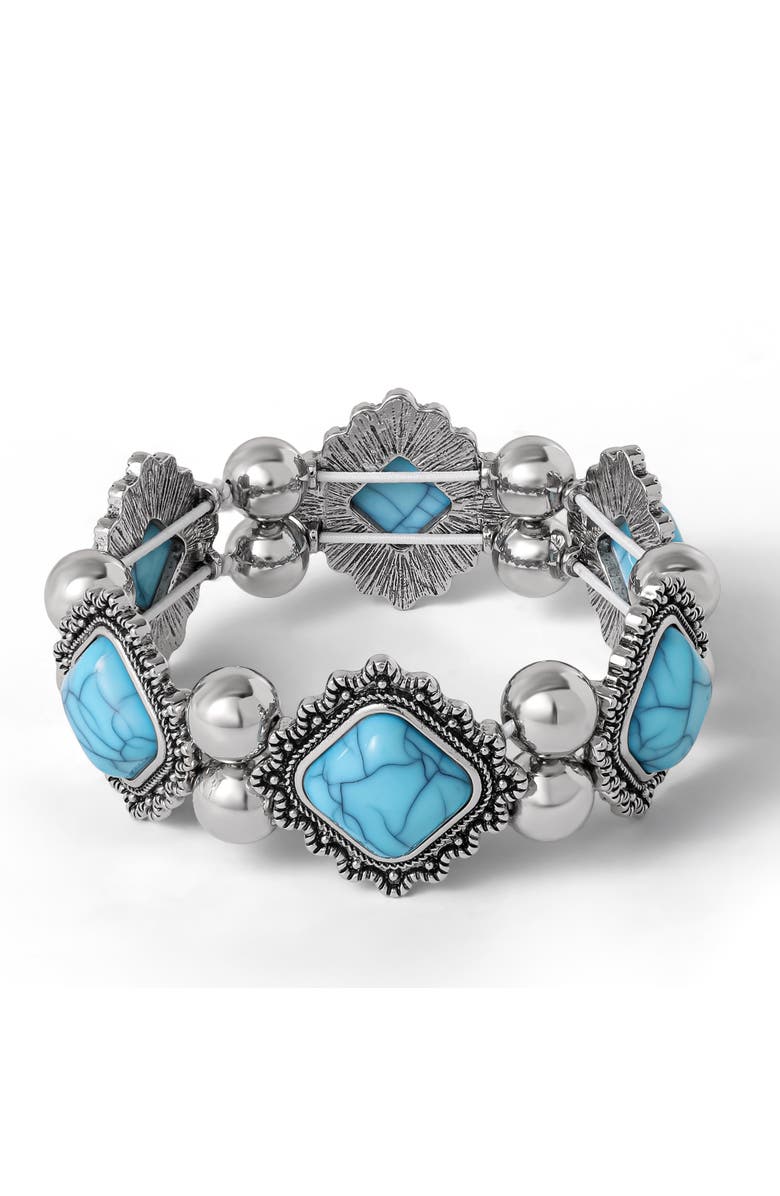 Jessica Simpson Turquoise and Silver Stretch Bracelet with Western Motif, Main, color, Turquoise